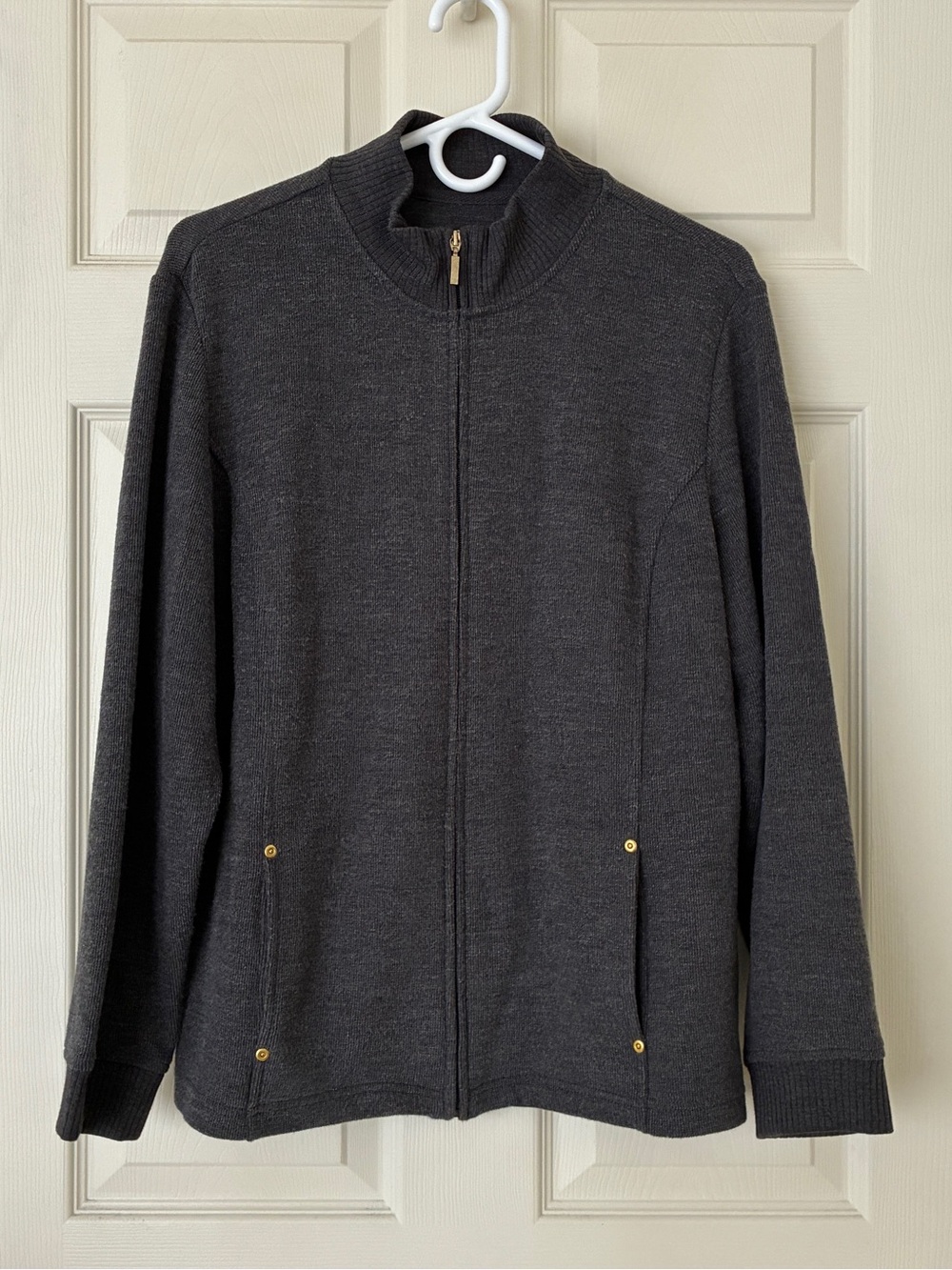 Karen Scott Full Zip Cotton Blend High Neck Cardigan Dark Gray Size Large